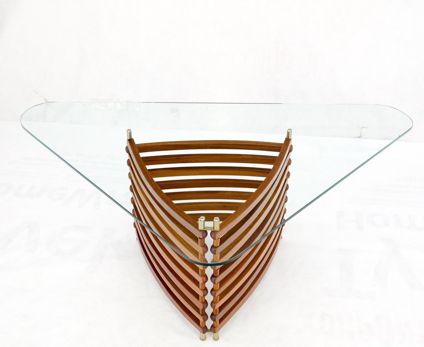 EstablishedLines Danish Mid-Century Modern Teak Slats Triangular Base Glass Top Coffee Table Mint