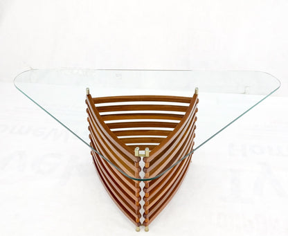 EstablishedLines Danish Mid-Century Modern Teak Slats Triangular Base Glass Top Coffee Table Mint