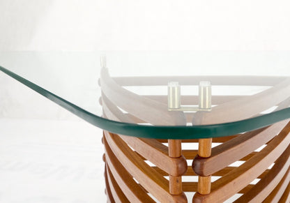 EstablishedLines Danish Mid-Century Modern Teak Slats Triangular Base Glass Top Coffee Table Mint