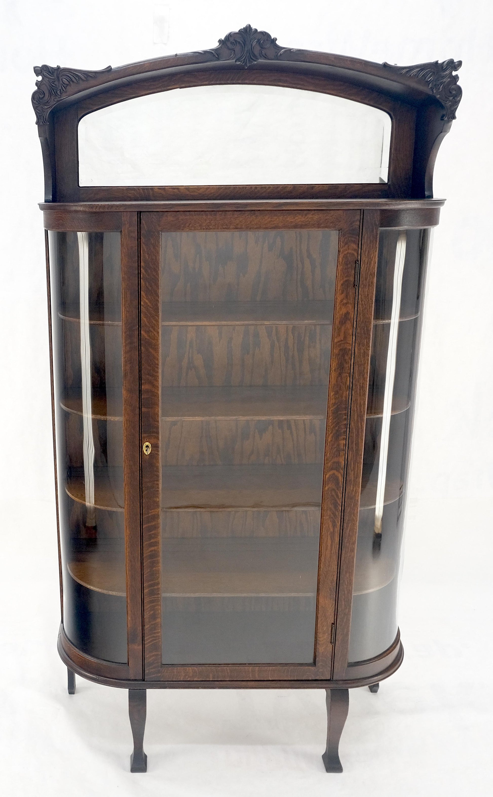 Carved Oak Mirrored Gallery Top Curved Glass Display Curio Showcase Cabinet