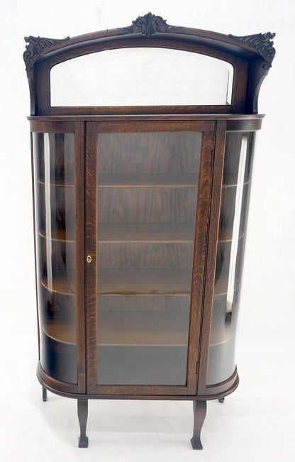 Carved Oak Mirrored Gallery Top Curved Glass Display Curio Showcase Cabinet