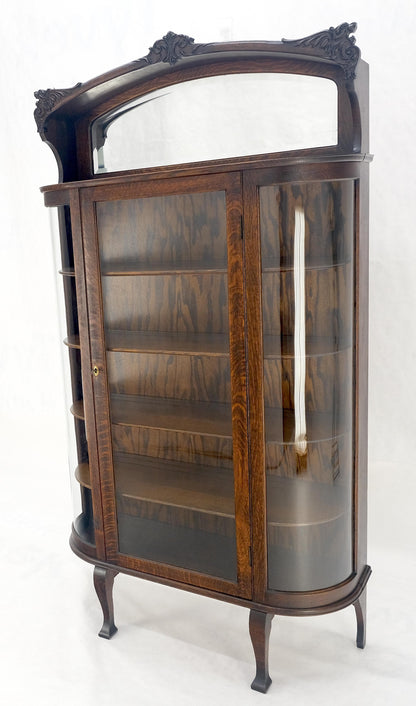 Carved Oak Mirrored Gallery Top Curved Glass Display Curio Showcase Cabinet