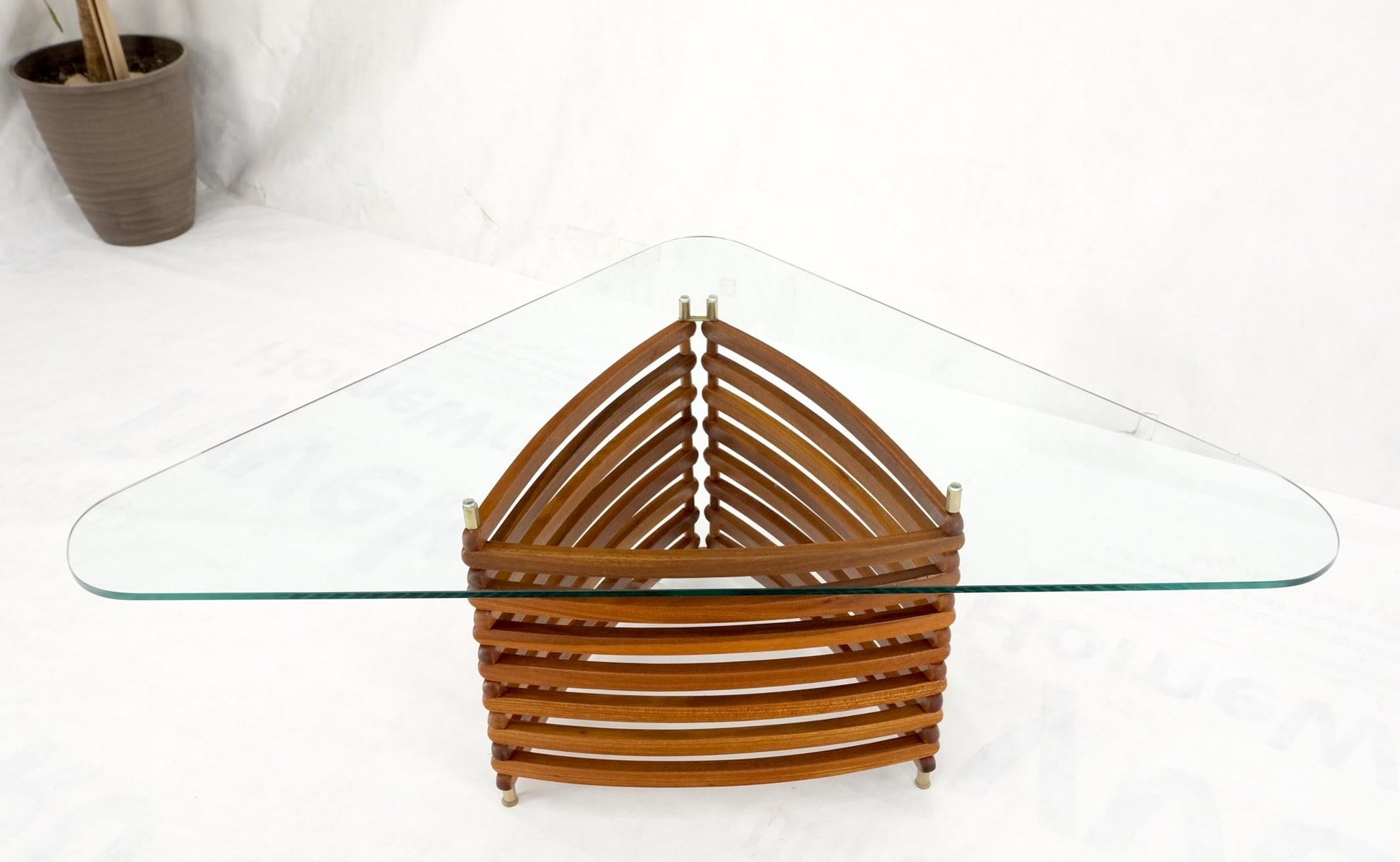 EstablishedLines Danish Mid-Century Modern Teak Slats Triangular Base Glass Top Coffee Table Mint