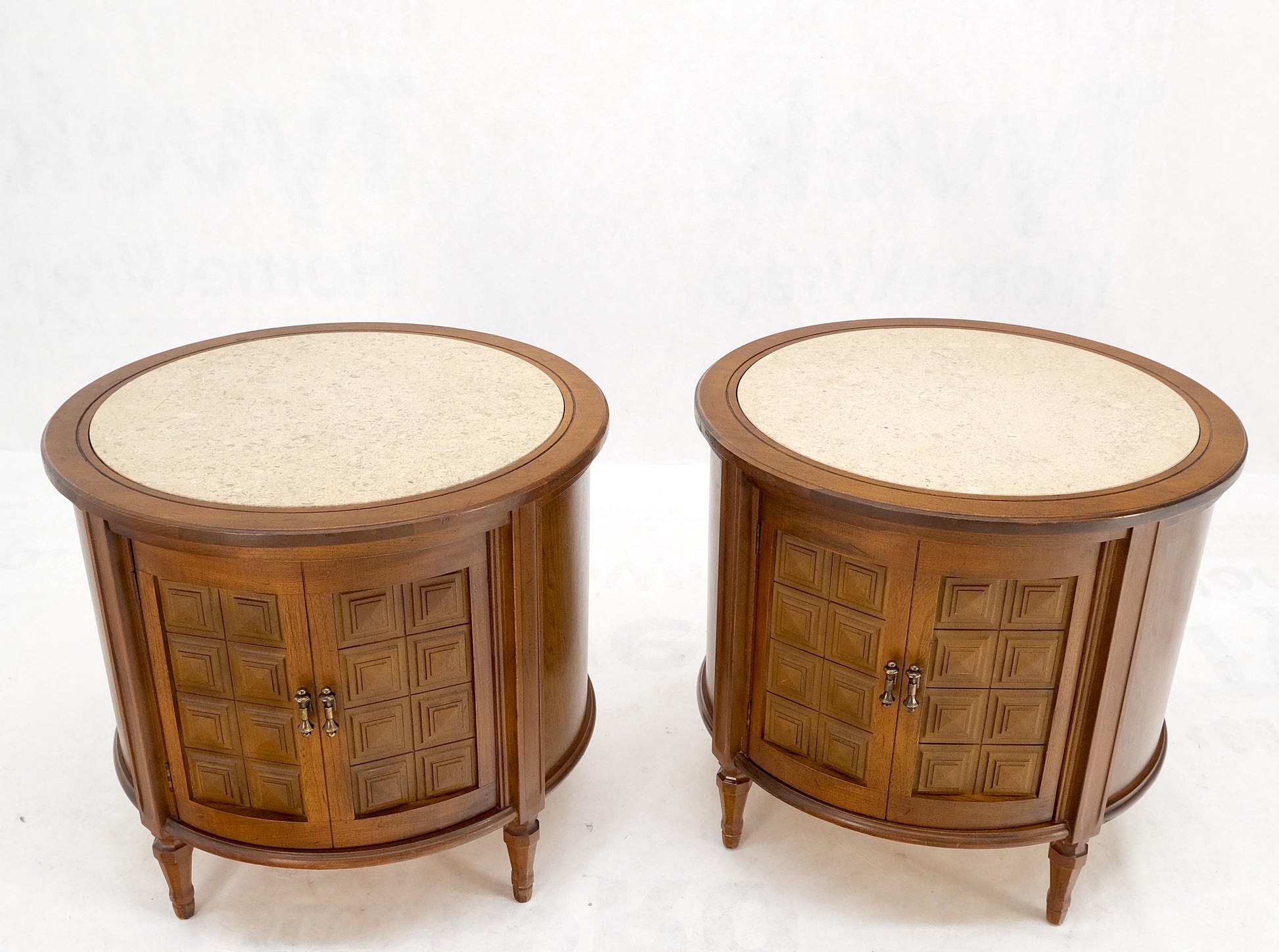 EstablishedLines Pair Round Drum Barrel Shape Travertine Top Two Doors End Side Tables Stand Mint
