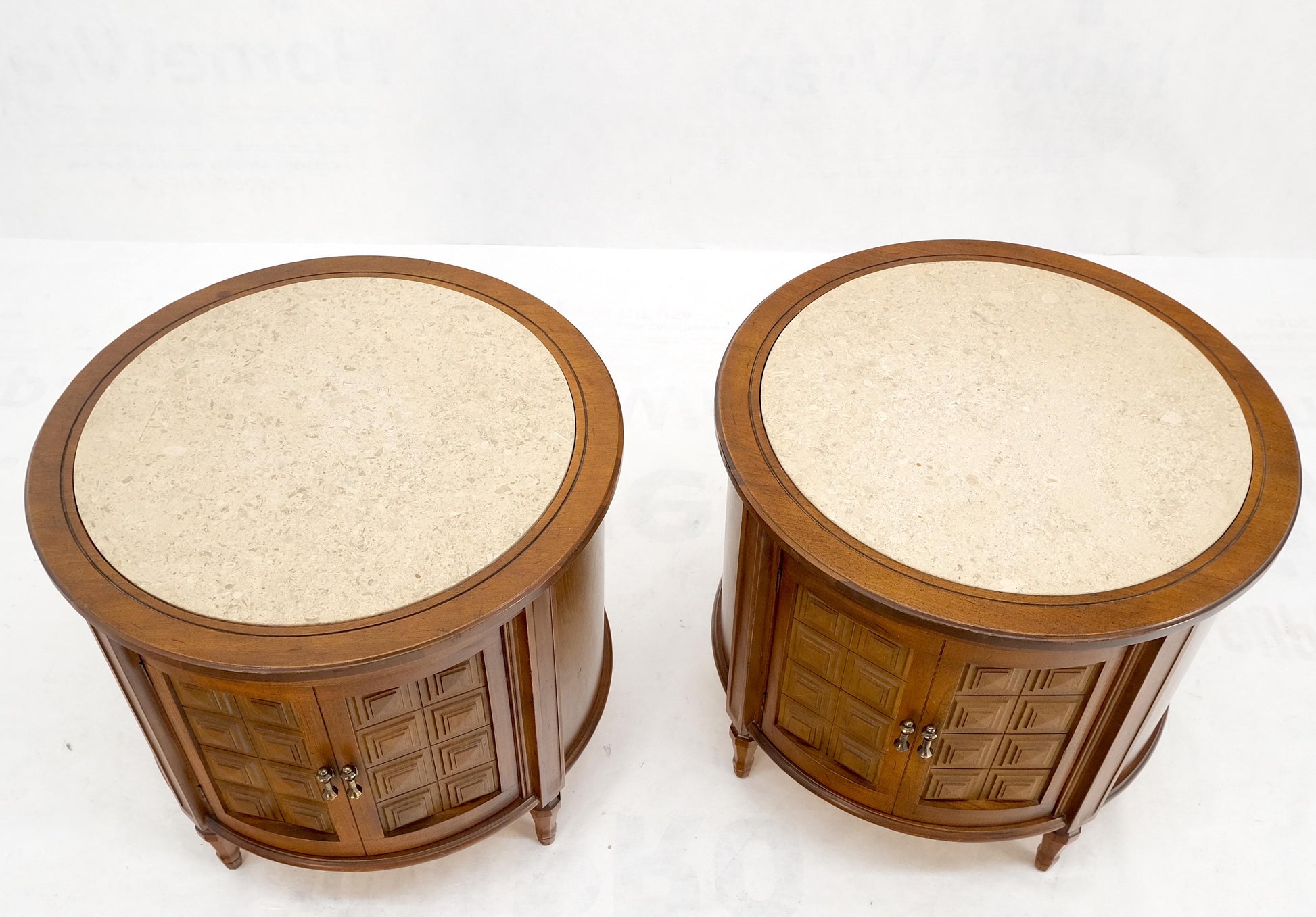 EstablishedLines Pair Round Drum Barrel Shape Travertine Top Two Doors End Side Tables Stand Mint