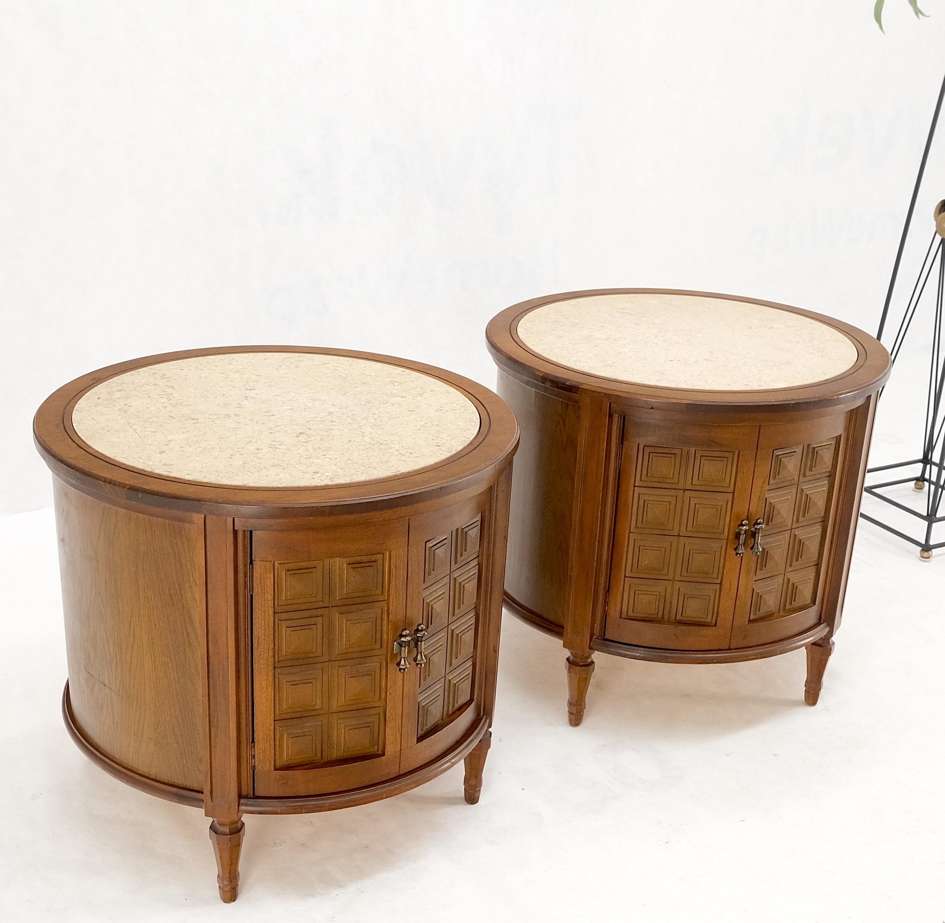 EstablishedLines Pair Round Drum Barrel Shape Travertine Top Two Doors End Side Tables Stand Mint