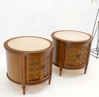 EstablishedLines Pair Round Drum Barrel Shape Travertine Top Two Doors End Side Tables Stand Mint