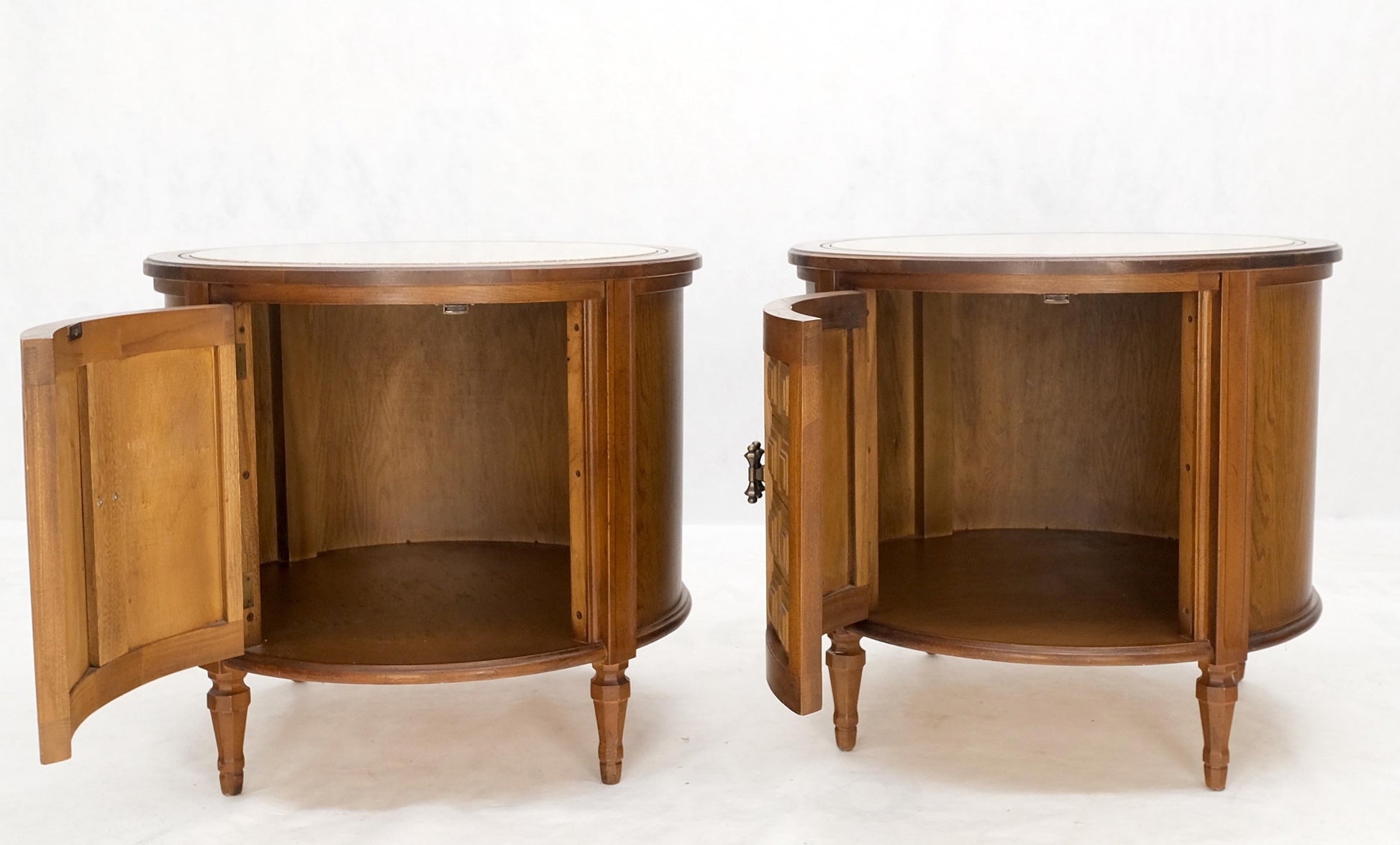 EstablishedLines Pair Round Drum Barrel Shape Travertine Top Two Doors End Side Tables Stand Mint