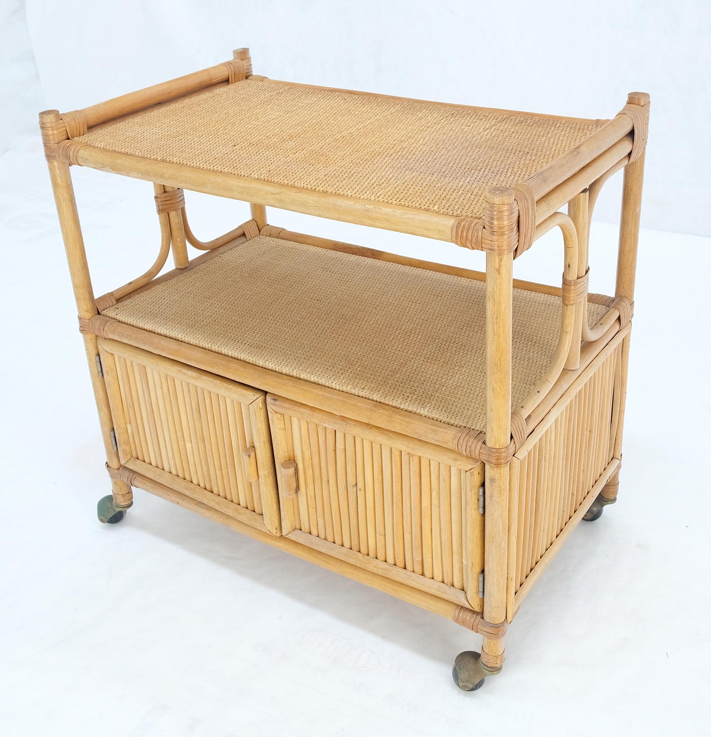 EstablishedLines Rattan Cane Bamboo Mid Century Modern Two Doors Compartment Rolling Bar Cart