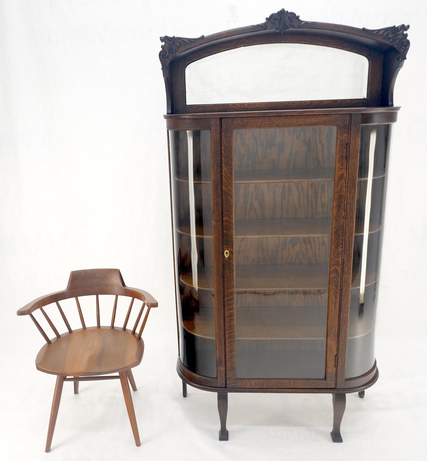 Carved Oak Mirrored Gallery Top Curved Glass Display Curio Showcase Cabinet