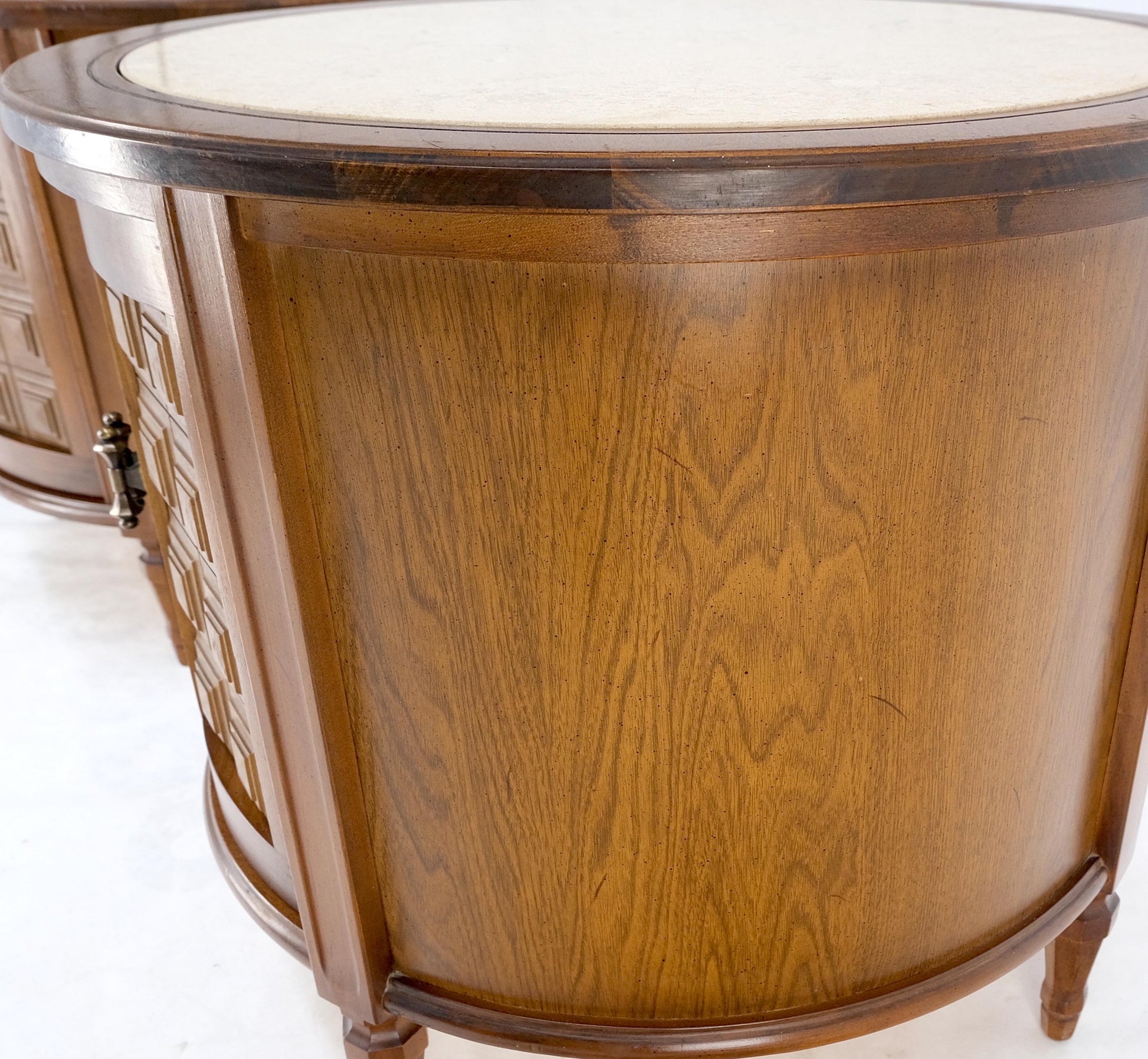 EstablishedLines Pair Round Drum Barrel Shape Travertine Top Two Doors End Side Tables Stand Mint
