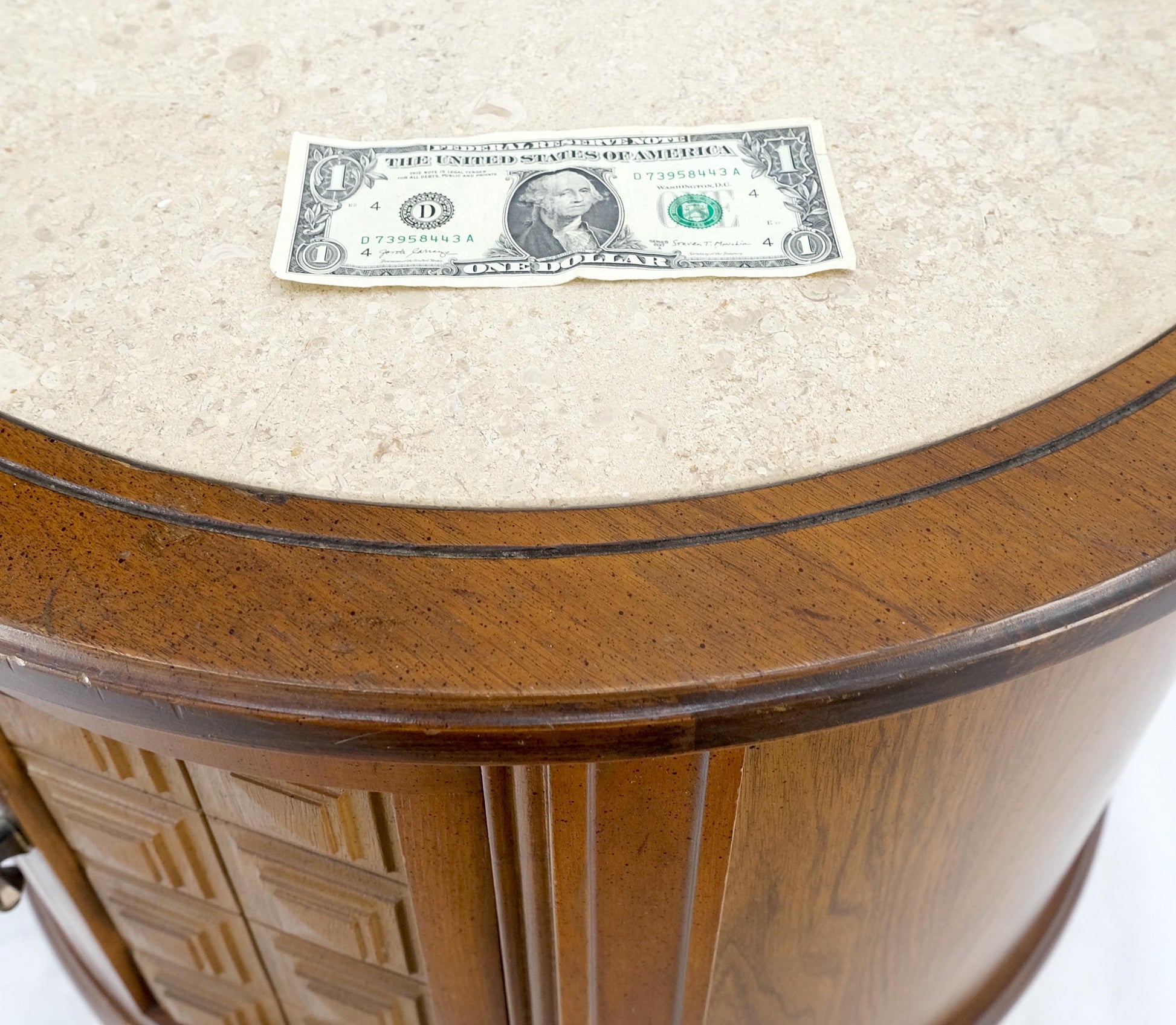 EstablishedLines Pair Round Drum Barrel Shape Travertine Top Two Doors End Side Tables Stand Mint