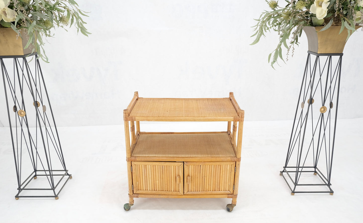 EstablishedLines Rattan Cane Bamboo Mid Century Modern Two Doors Compartment Rolling Bar Cart