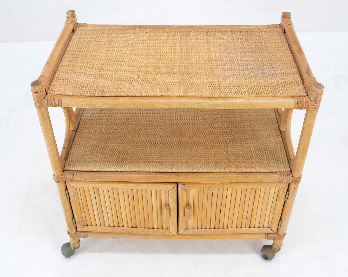 EstablishedLines Rattan Cane Bamboo Mid Century Modern Two Doors Compartment Rolling Bar Cart