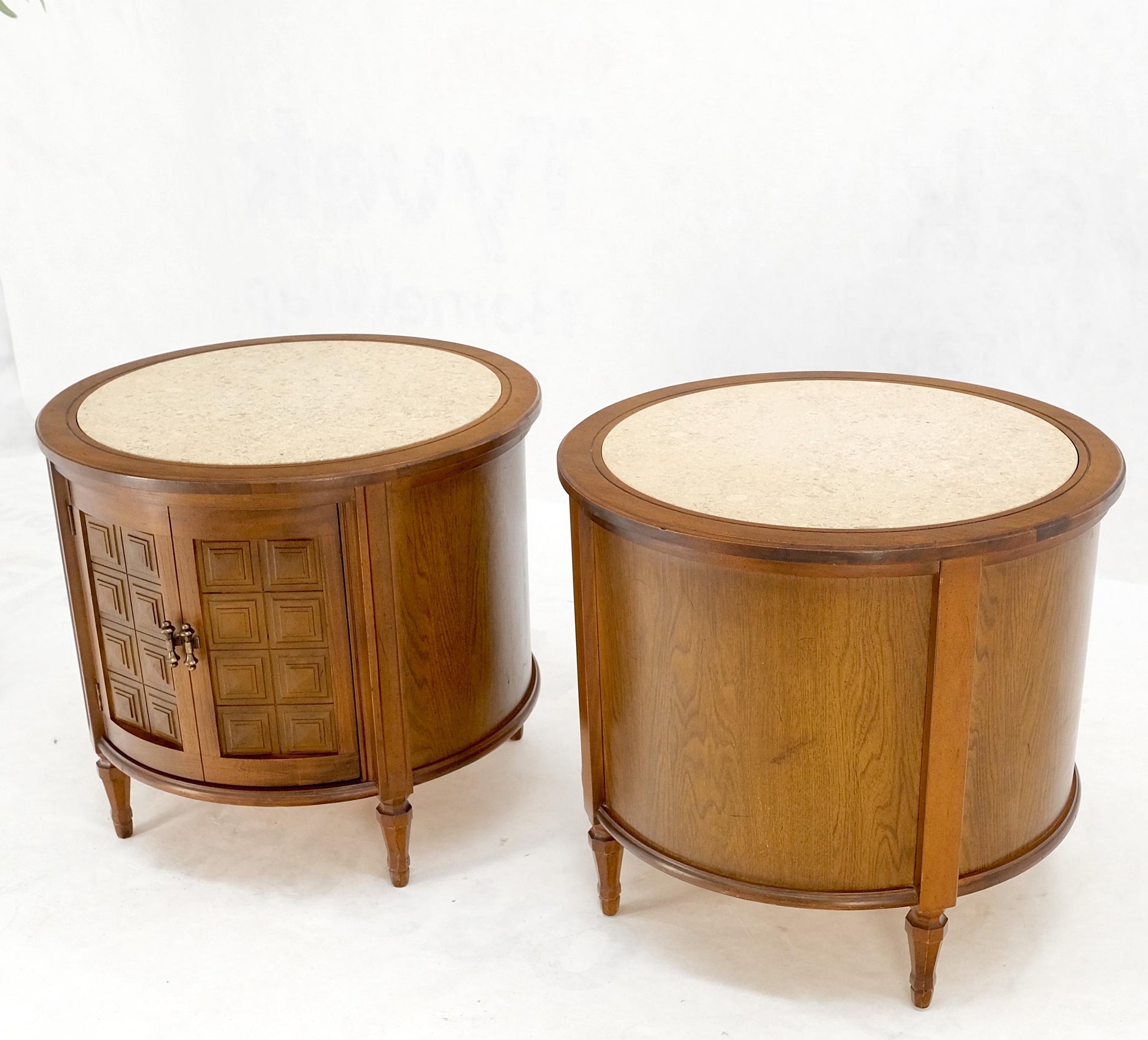 EstablishedLines Pair Round Drum Barrel Shape Travertine Top Two Doors End Side Tables Stand Mint