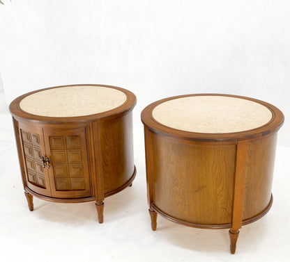 EstablishedLines Pair Round Drum Barrel Shape Travertine Top Two Doors End Side Tables Stand Mint