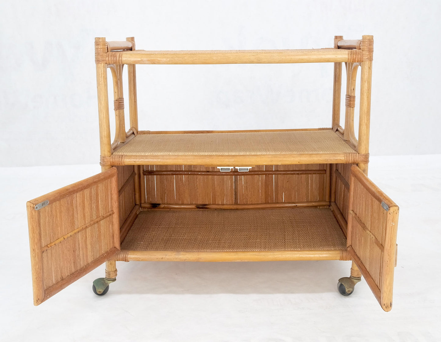 EstablishedLines Rattan Cane Bamboo Mid Century Modern Two Doors Compartment Rolling Bar Cart