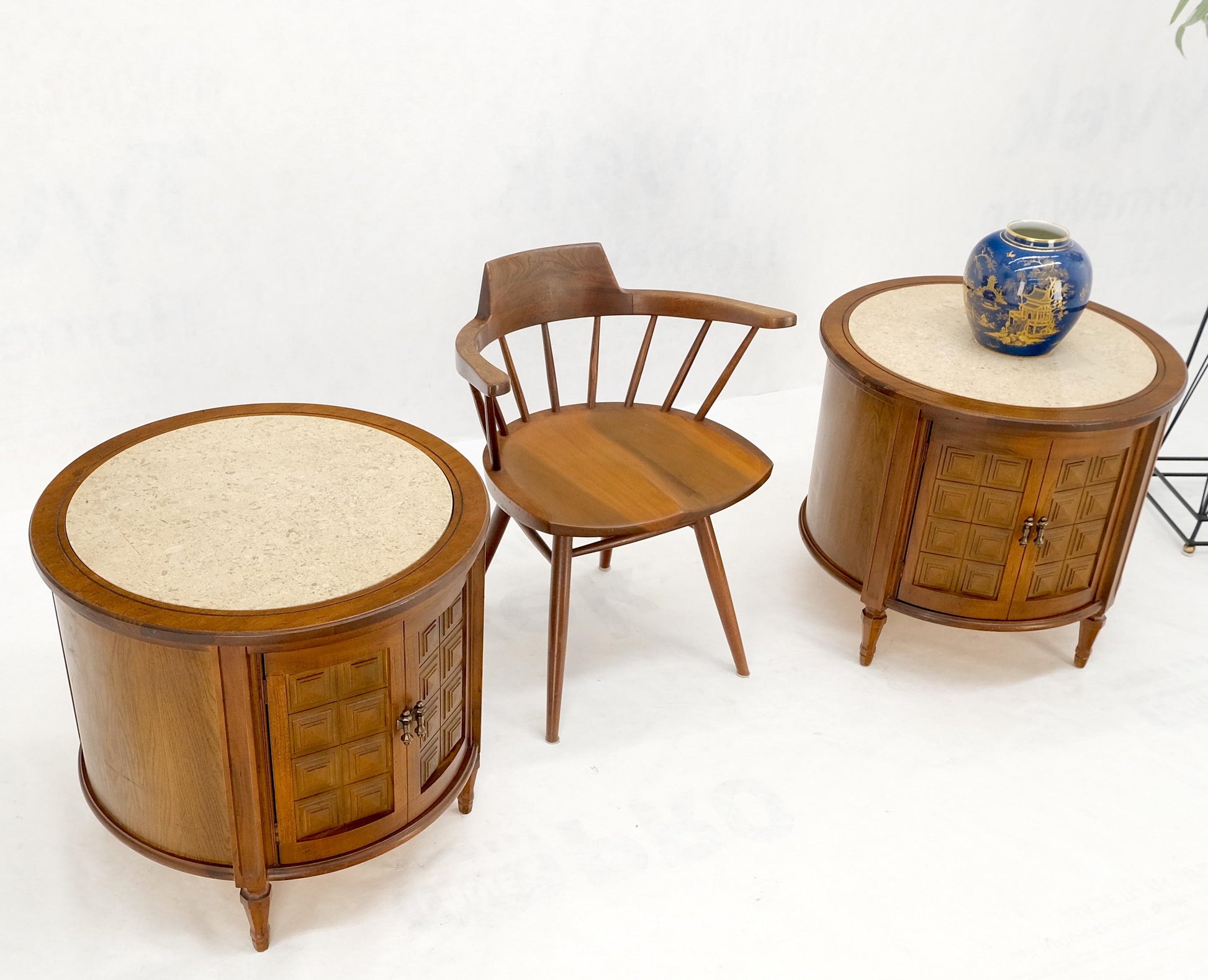 EstablishedLines Pair Round Drum Barrel Shape Travertine Top Two Doors End Side Tables Stand Mint
