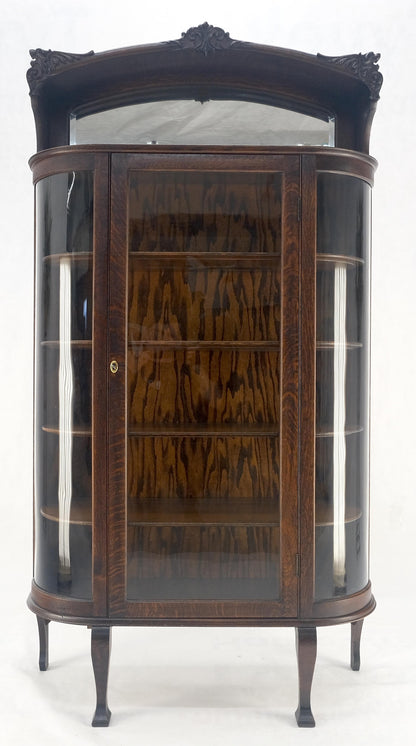 Carved Oak Mirrored Gallery Top Curved Glass Display Curio Showcase Cabinet
