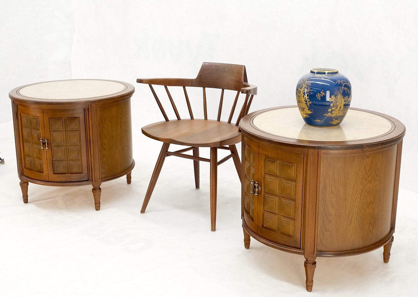 EstablishedLines Pair Round Drum Barrel Shape Travertine Top Two Doors End Side Tables Stand Mint
