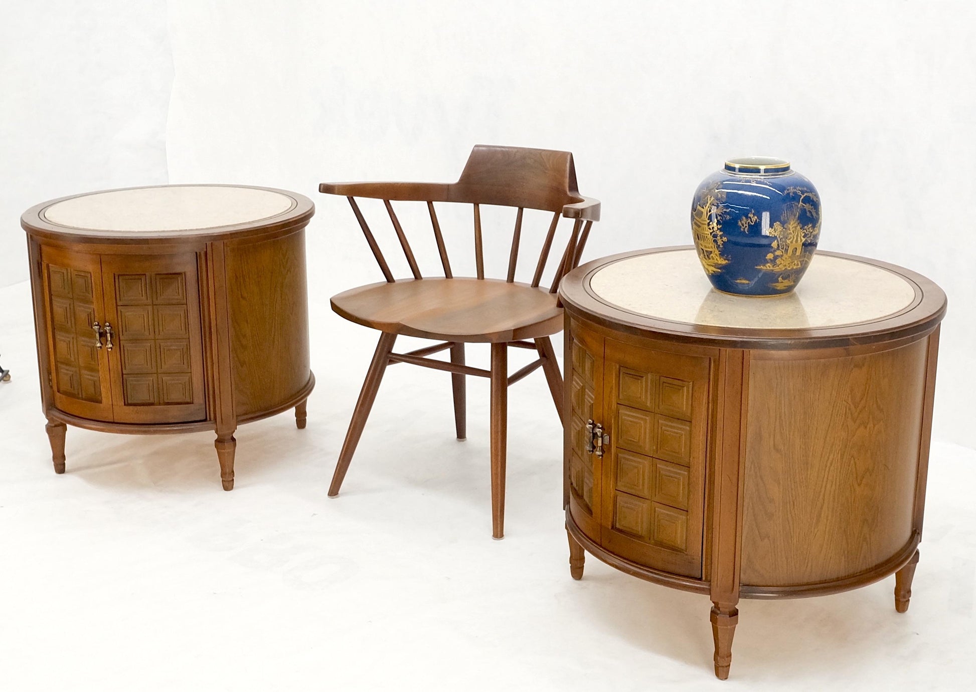 EstablishedLines Pair Round Drum Barrel Shape Travertine Top Two Doors End Side Tables Stand Mint