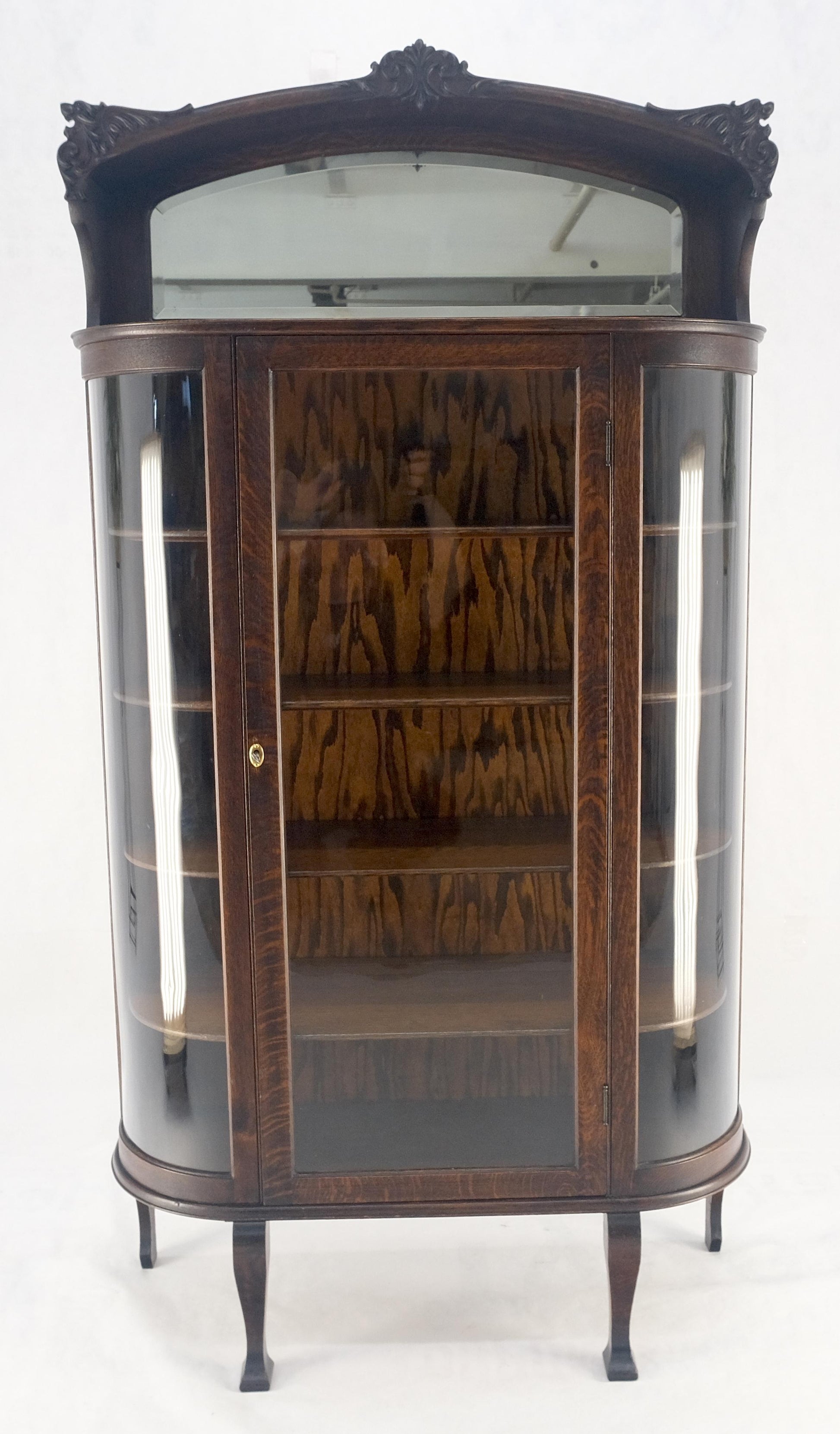 Carved Oak Mirrored Gallery Top Curved Glass Display Curio Showcase Cabinet