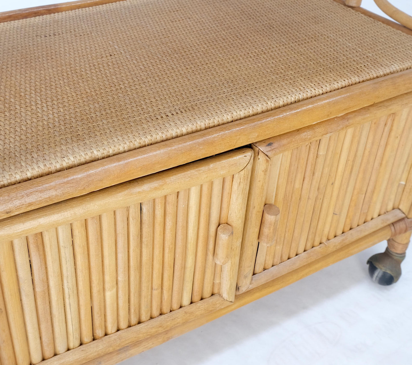 EstablishedLines Rattan Cane Bamboo Mid Century Modern Two Doors Compartment Rolling Bar Cart