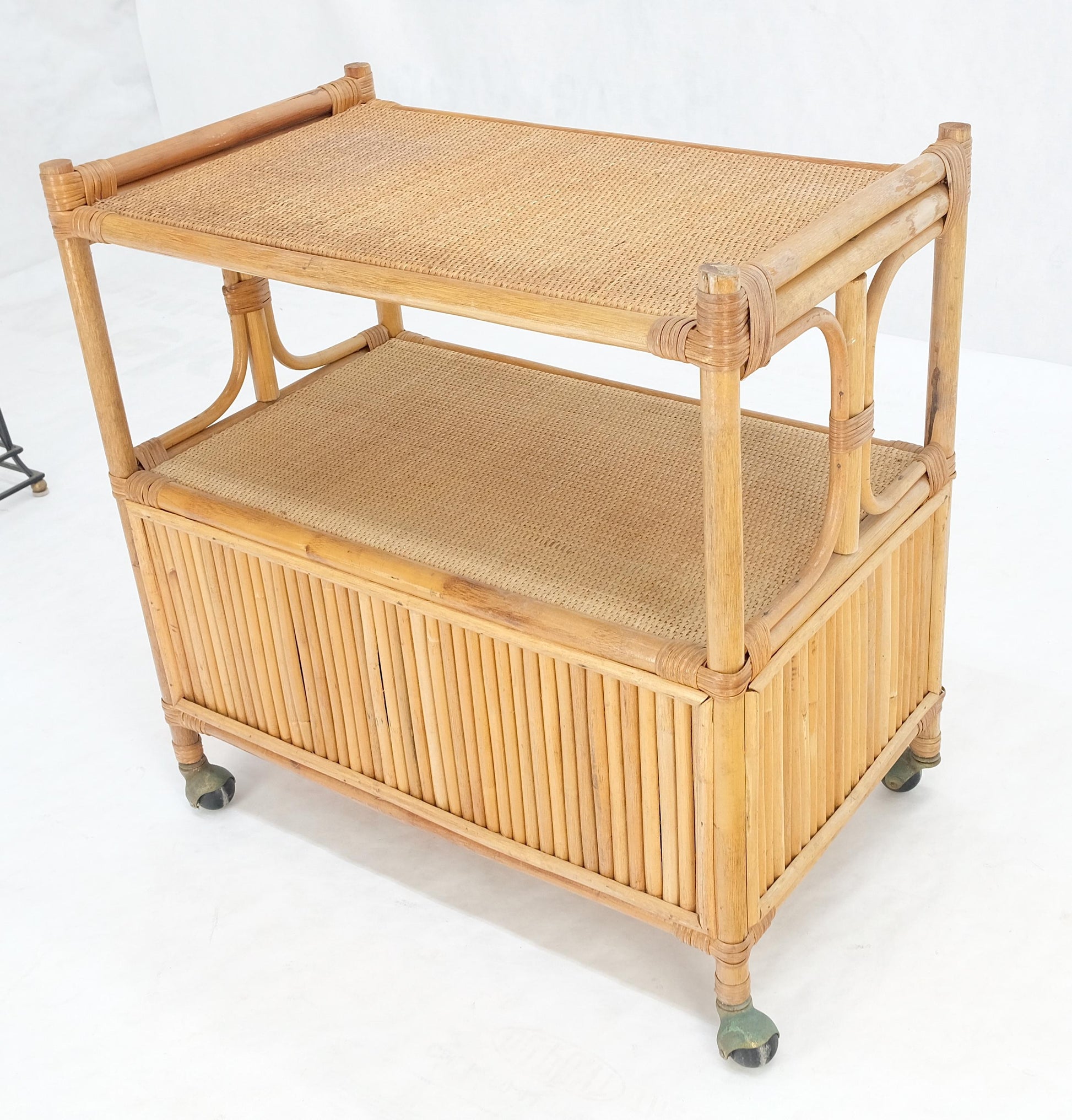 EstablishedLines Rattan Cane Bamboo Mid Century Modern Two Doors Compartment Rolling Bar Cart