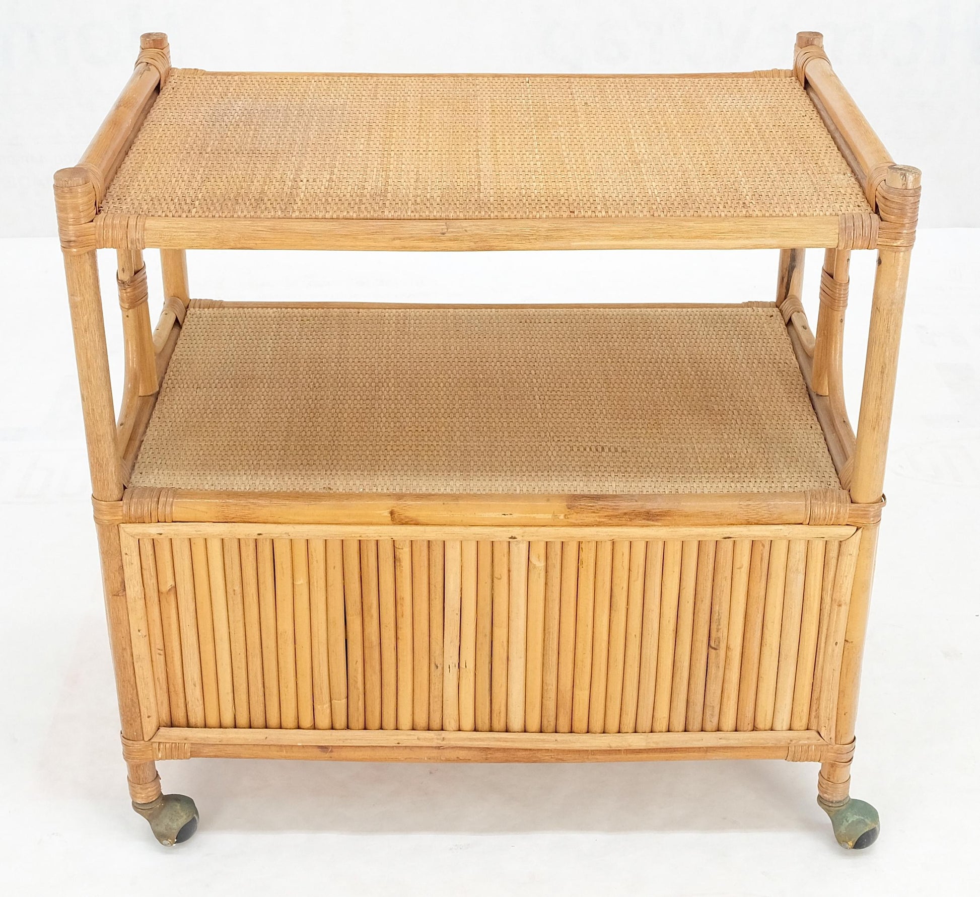EstablishedLines Rattan Cane Bamboo Mid Century Modern Two Doors Compartment Rolling Bar Cart