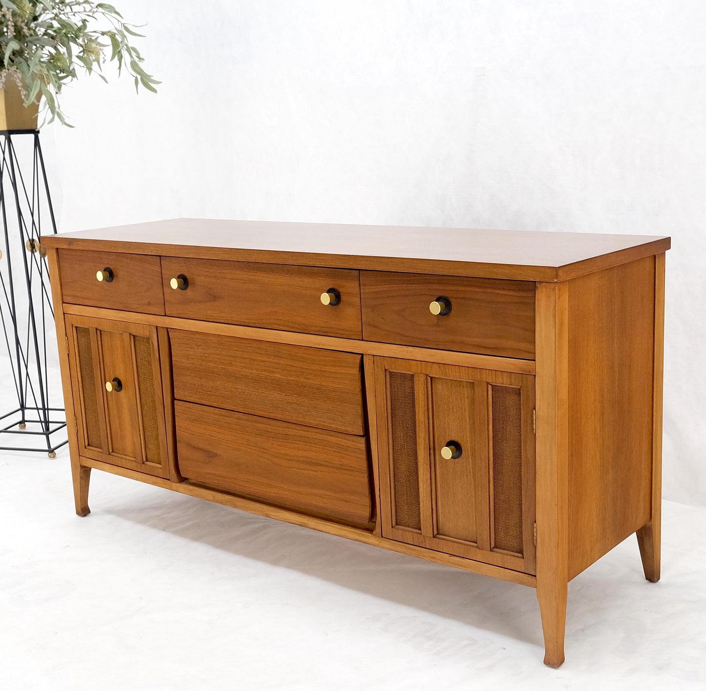 American Walnut Dresser Credenza 4 Drawers Two Door Compartment Brass Pulls MINT