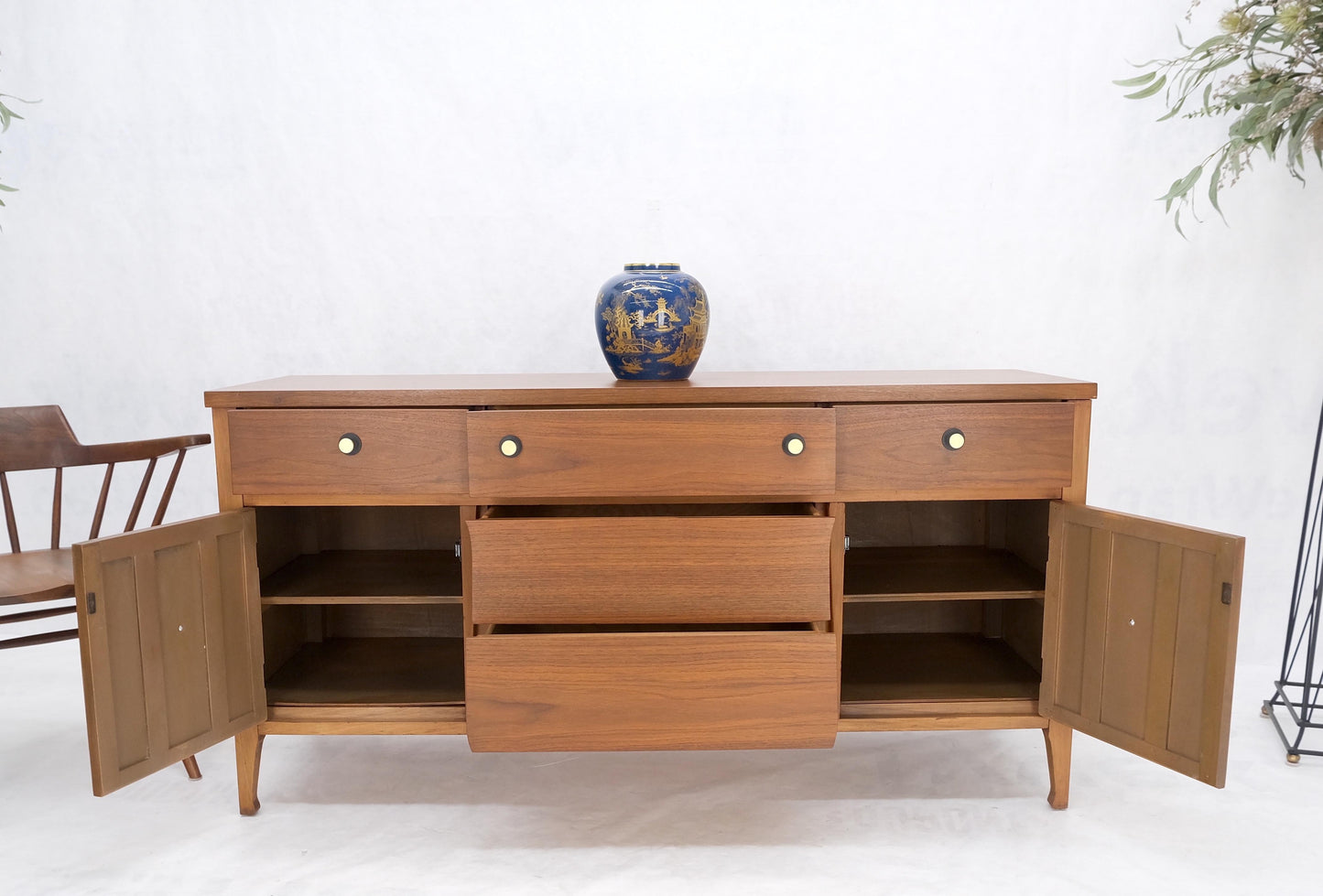 American Walnut Dresser Credenza 4 Drawers Two Door Compartment Brass Pulls MINT