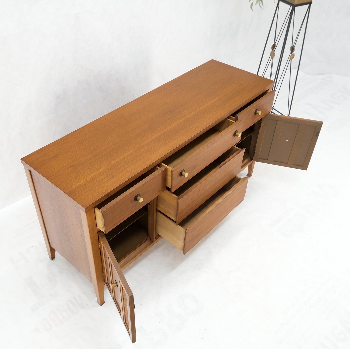 American Walnut Dresser Credenza 4 Drawers Two Door Compartment Brass Pulls MINT