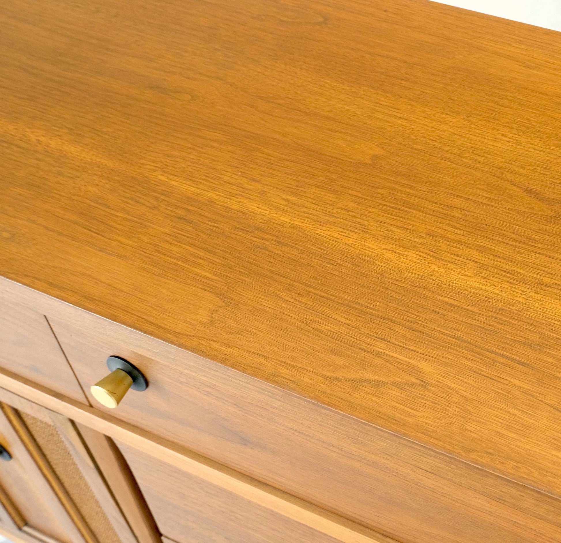 EstablishedLines American Walnut Dresser Credenza 4 Drawers Two Door Compartment Brass Pulls MINT