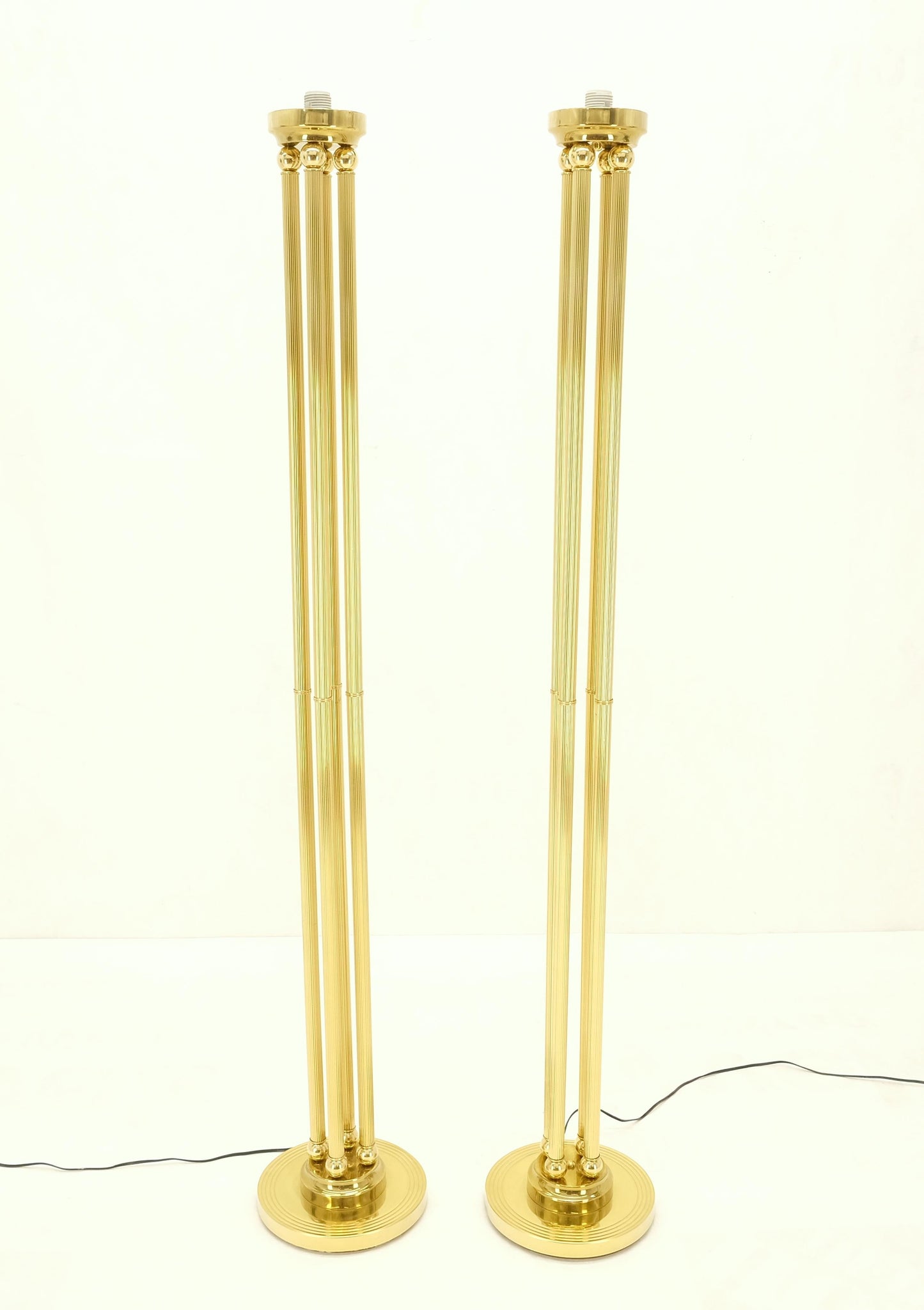 EstablishedLines Pair of Mid Century Modern Brass Etched Glass Shades Torcheres Floor Lamps MINT!
