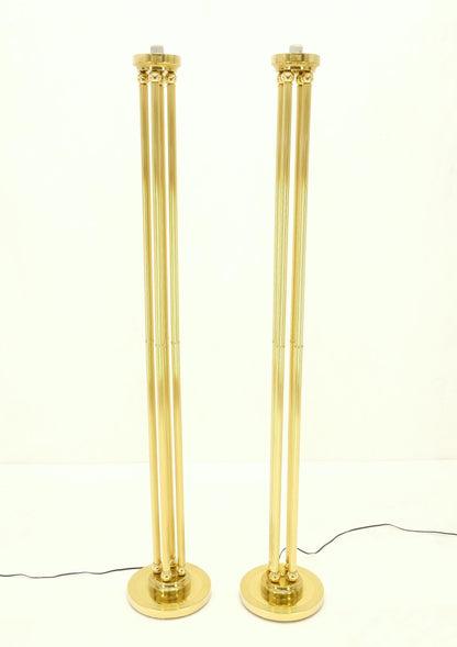 EstablishedLines Pair of Mid Century Modern Brass Etched Glass Shades Torcheres Floor Lamps MINT!