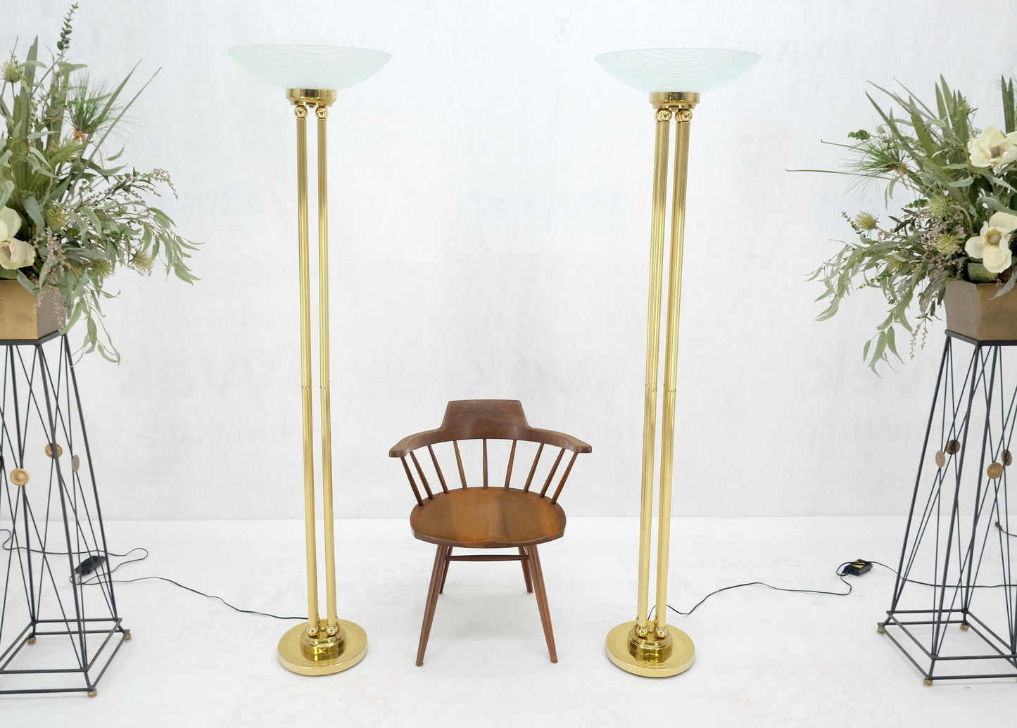 EstablishedLines Pair of Mid Century Modern Brass Etched Glass Shades Torcheres Floor Lamps MINT!