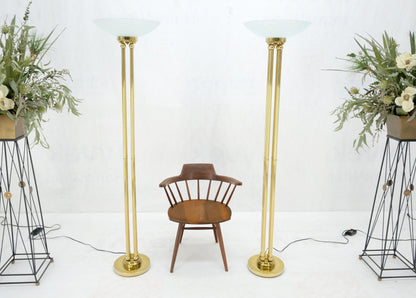EstablishedLines Pair of Mid Century Modern Brass Etched Glass Shades Torcheres Floor Lamps MINT!