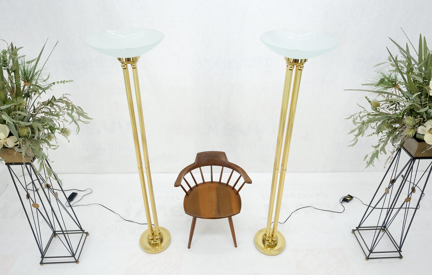 EstablishedLines Pair of Mid Century Modern Brass Etched Glass Shades Torcheres Floor Lamps MINT!