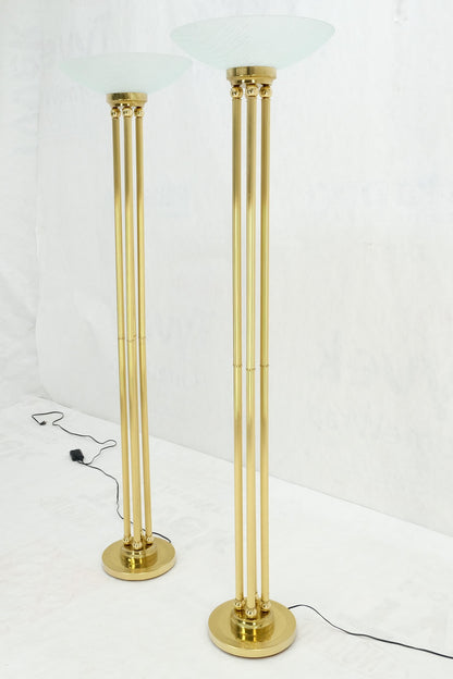 EstablishedLines Pair of Mid Century Modern Brass Etched Glass Shades Torcheres Floor Lamps MINT!