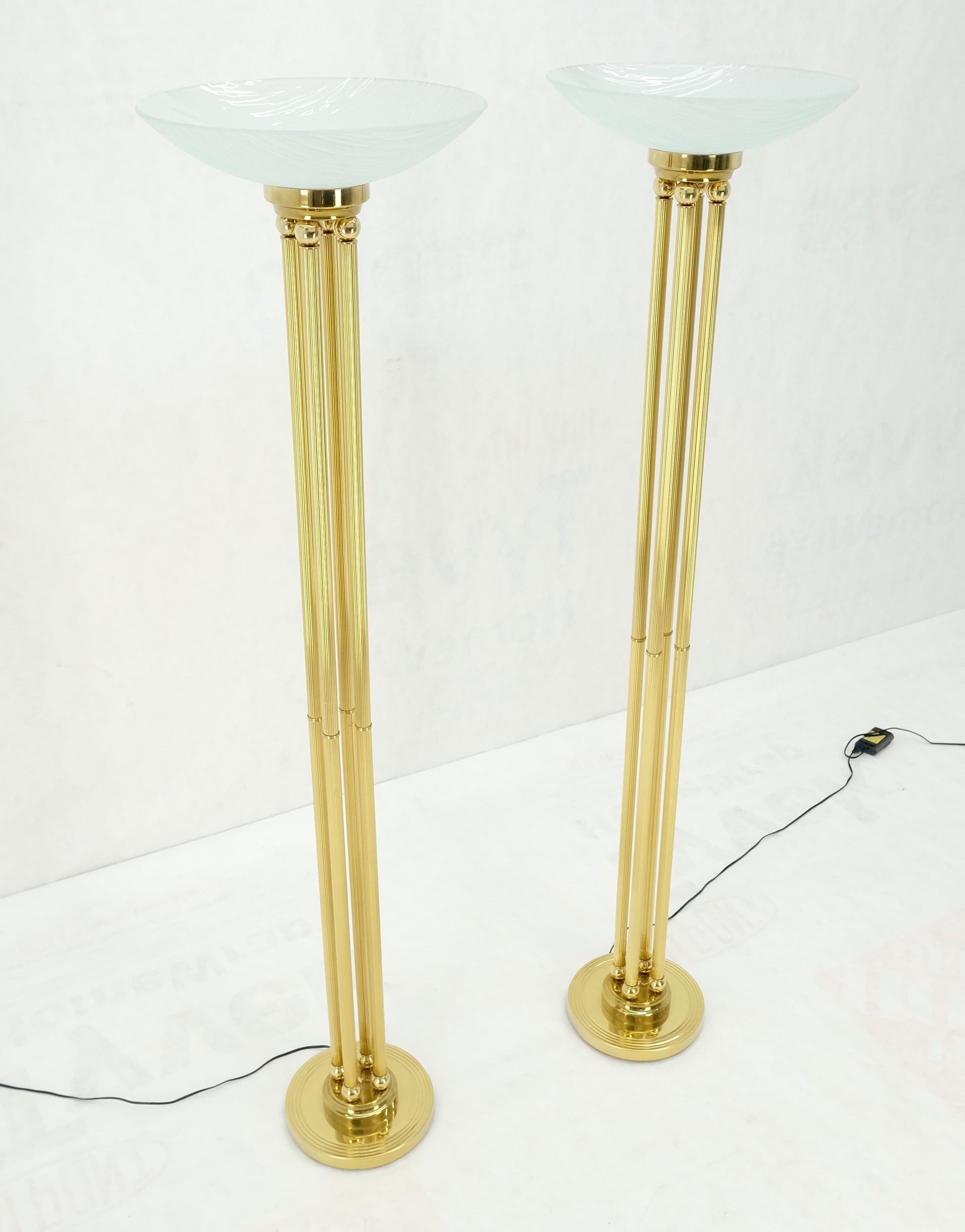 EstablishedLines Pair of Mid Century Modern Brass Etched Glass Shades Torcheres Floor Lamps MINT!