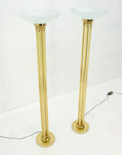 EstablishedLines Pair of Mid Century Modern Brass Etched Glass Shades Torcheres Floor Lamps MINT!