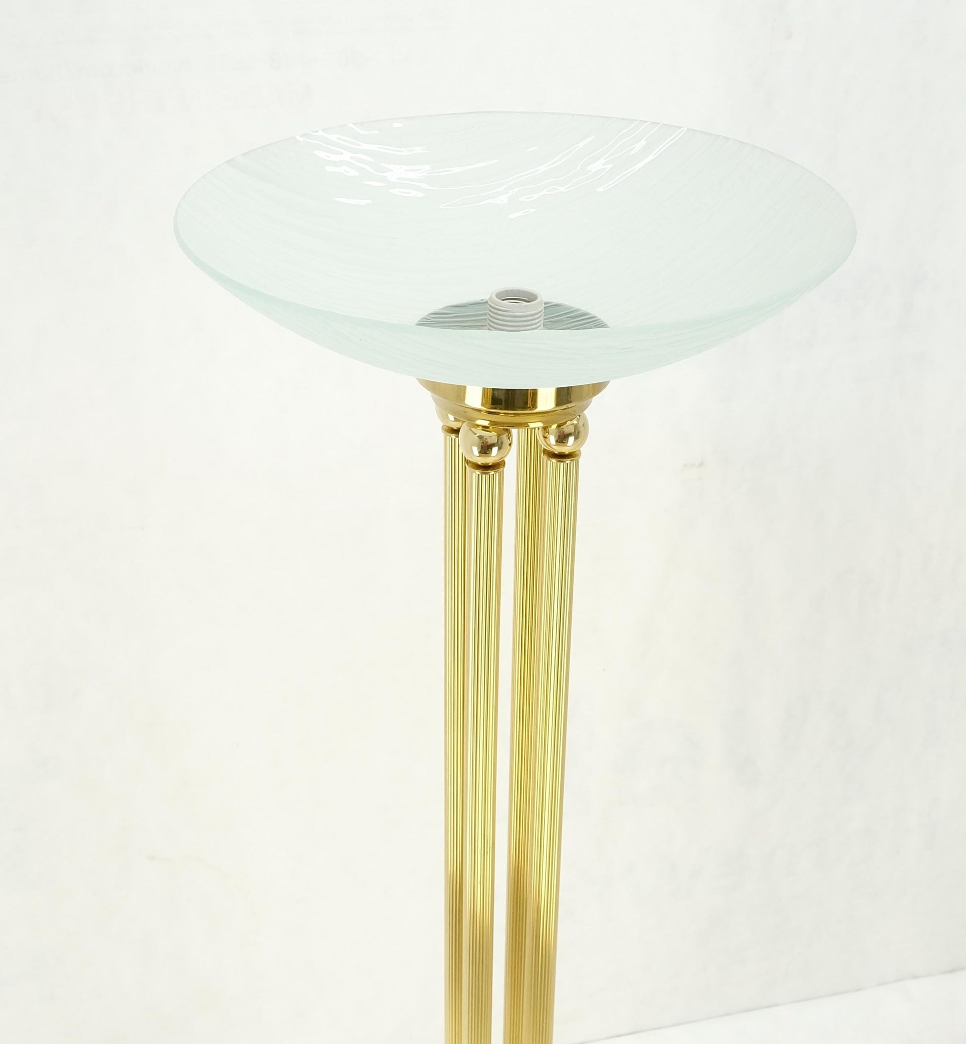 EstablishedLines Pair of Mid Century Modern Brass Etched Glass Shades Torcheres Floor Lamps MINT!