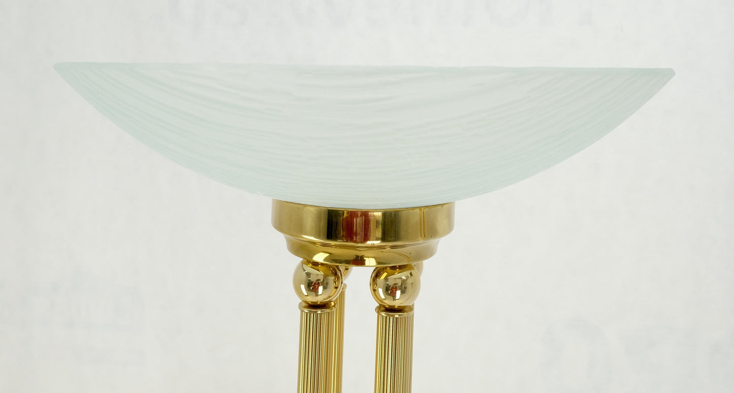 EstablishedLines Pair of Mid Century Modern Brass Etched Glass Shades Torcheres Floor Lamps MINT!