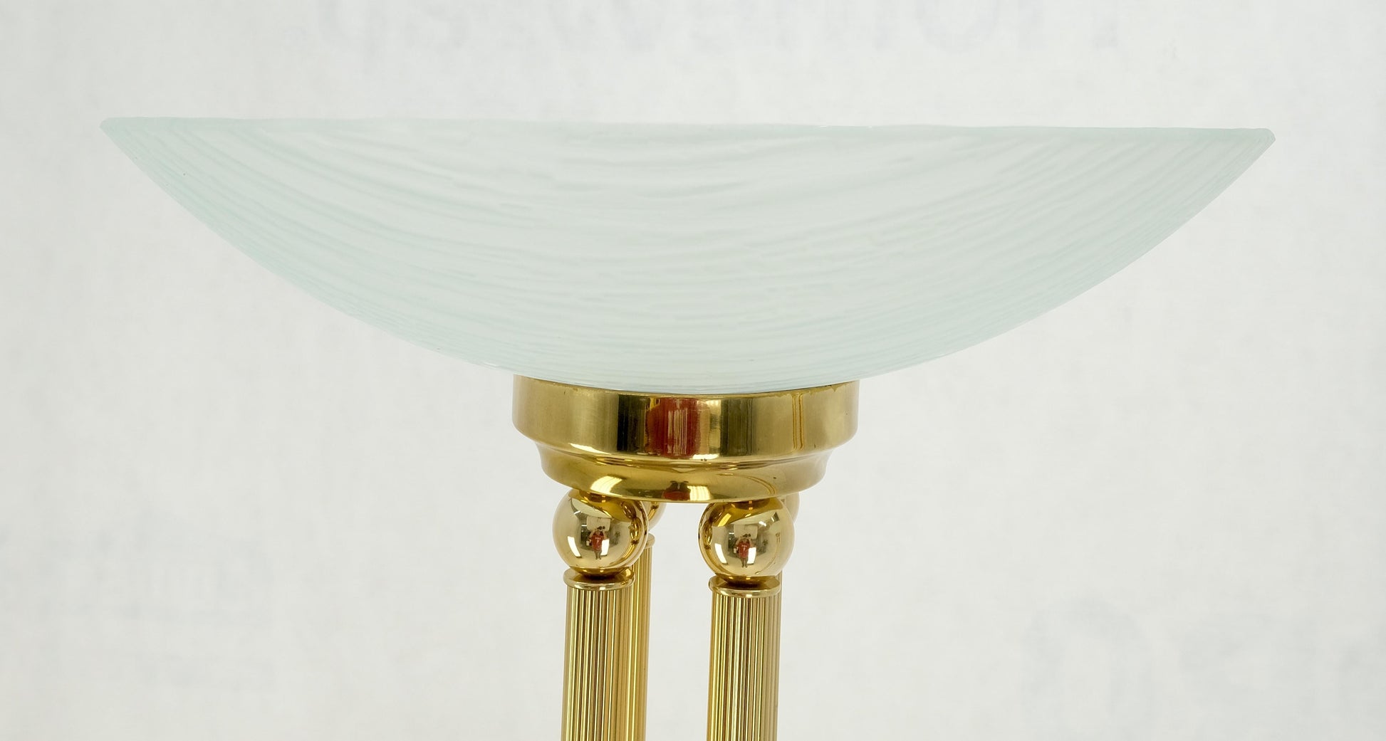 EstablishedLines Pair of Mid Century Modern Brass Etched Glass Shades Torcheres Floor Lamps MINT!