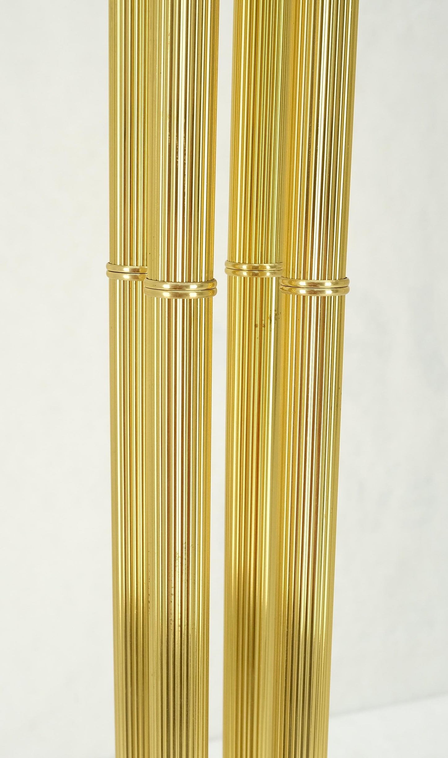 EstablishedLines Pair of Mid Century Modern Brass Etched Glass Shades Torcheres Floor Lamps MINT!