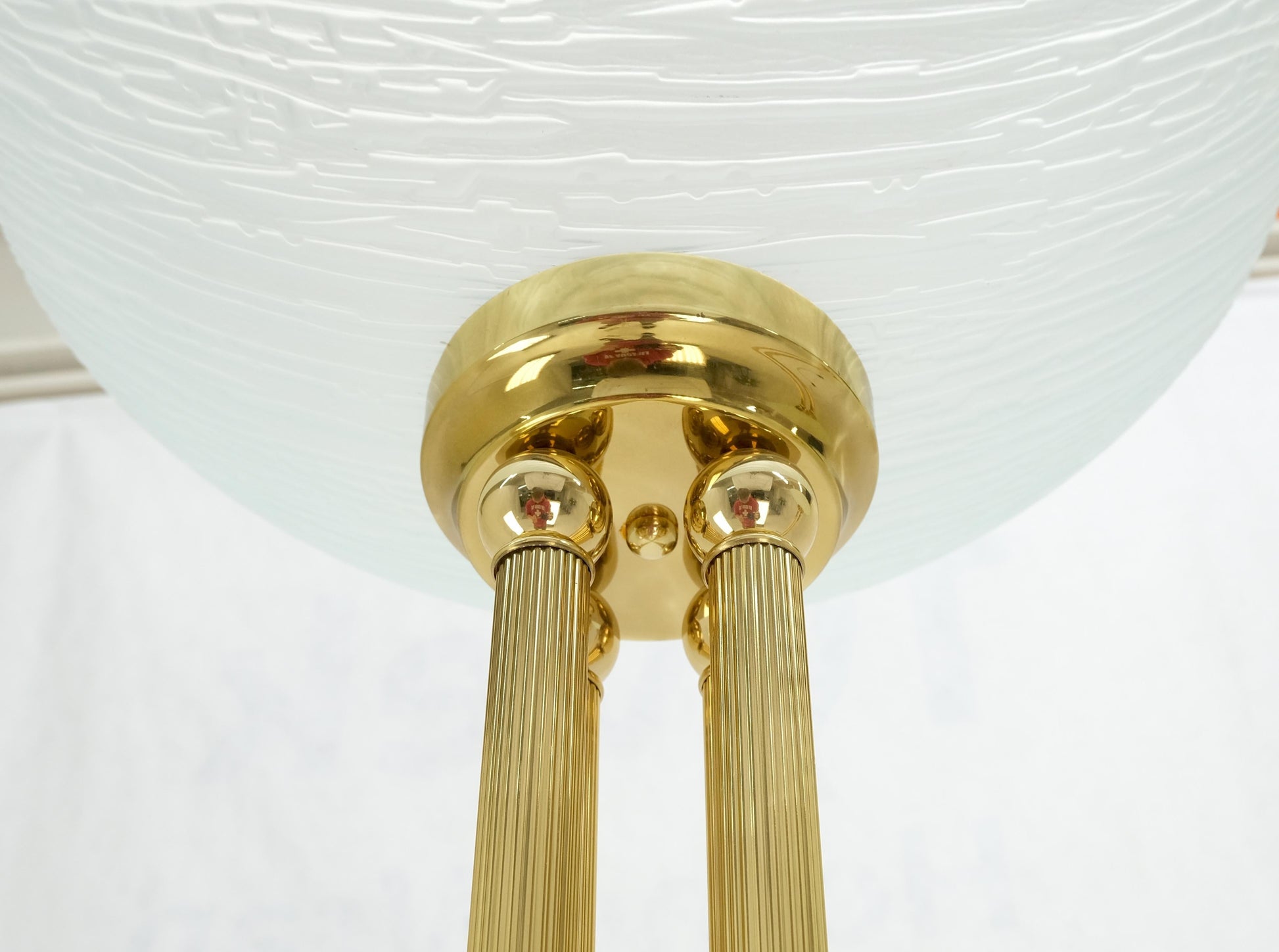 EstablishedLines Pair of Mid Century Modern Brass Etched Glass Shades Torcheres Floor Lamps MINT!