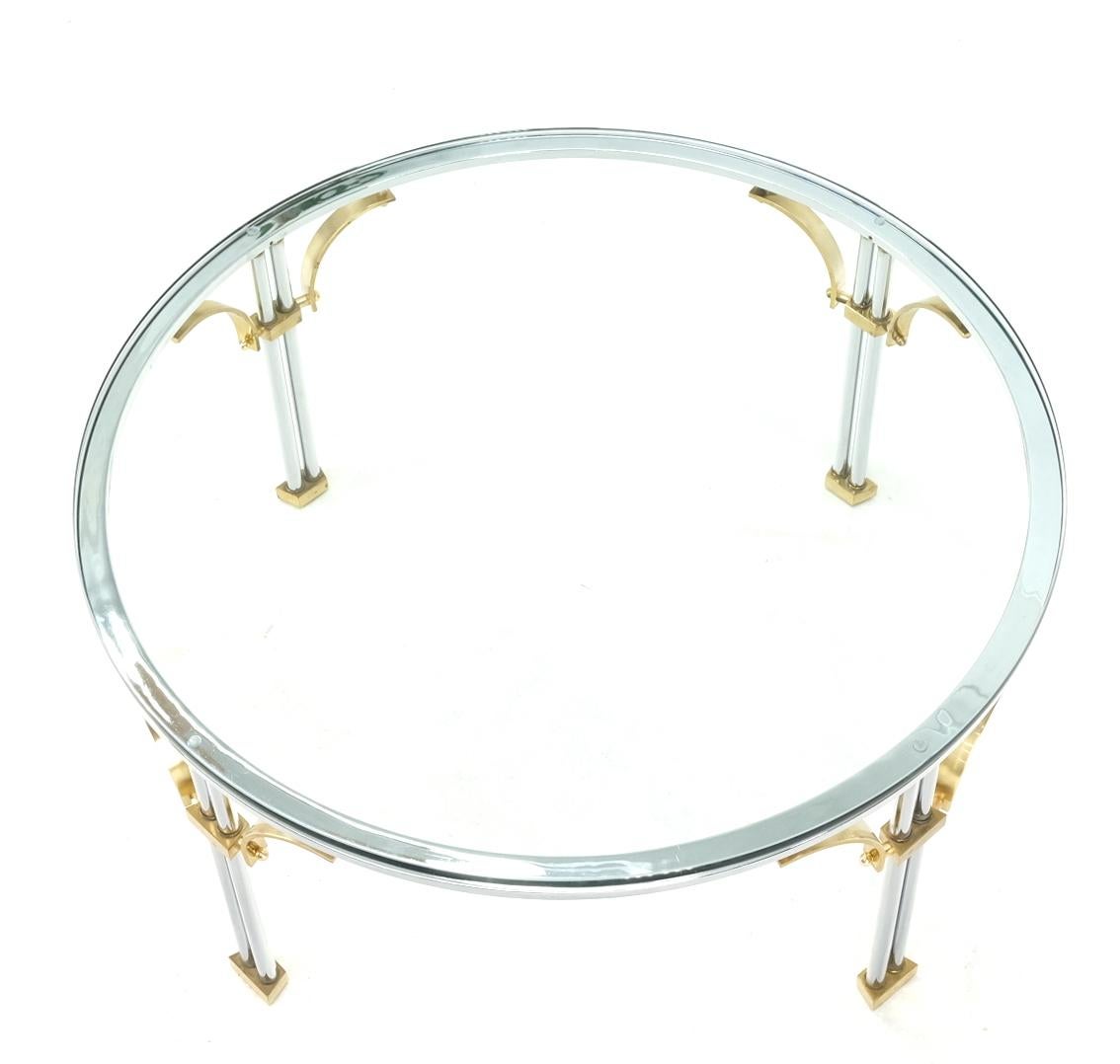 EstablishedLines Round Glass Top Chrome Legs Solid Brass Stretchers & Feet Coffee Center Table