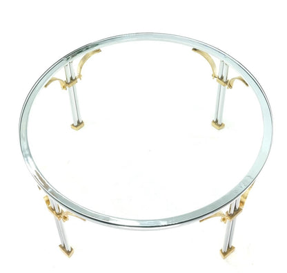 EstablishedLines Round Glass Top Chrome Legs Solid Brass Stretchers & Feet Coffee Center Table
