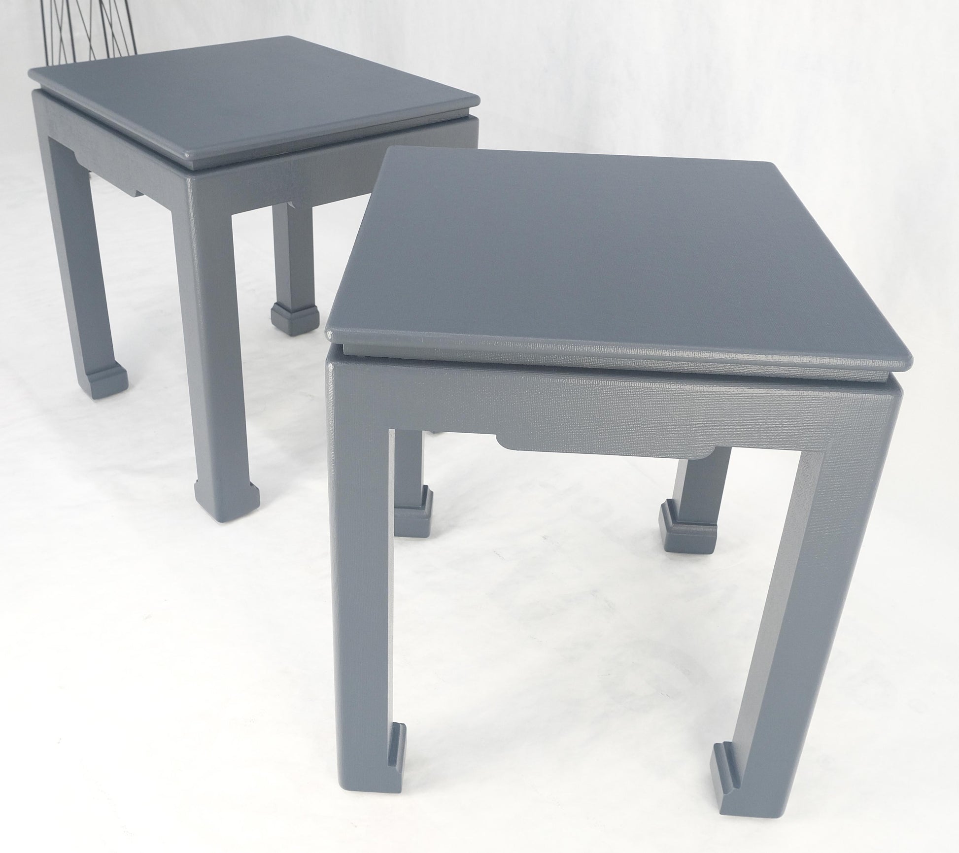 EstablishedLines Pair 28"H Lacquered Linen Cloth Light Grey Square End Side Occasional Tables