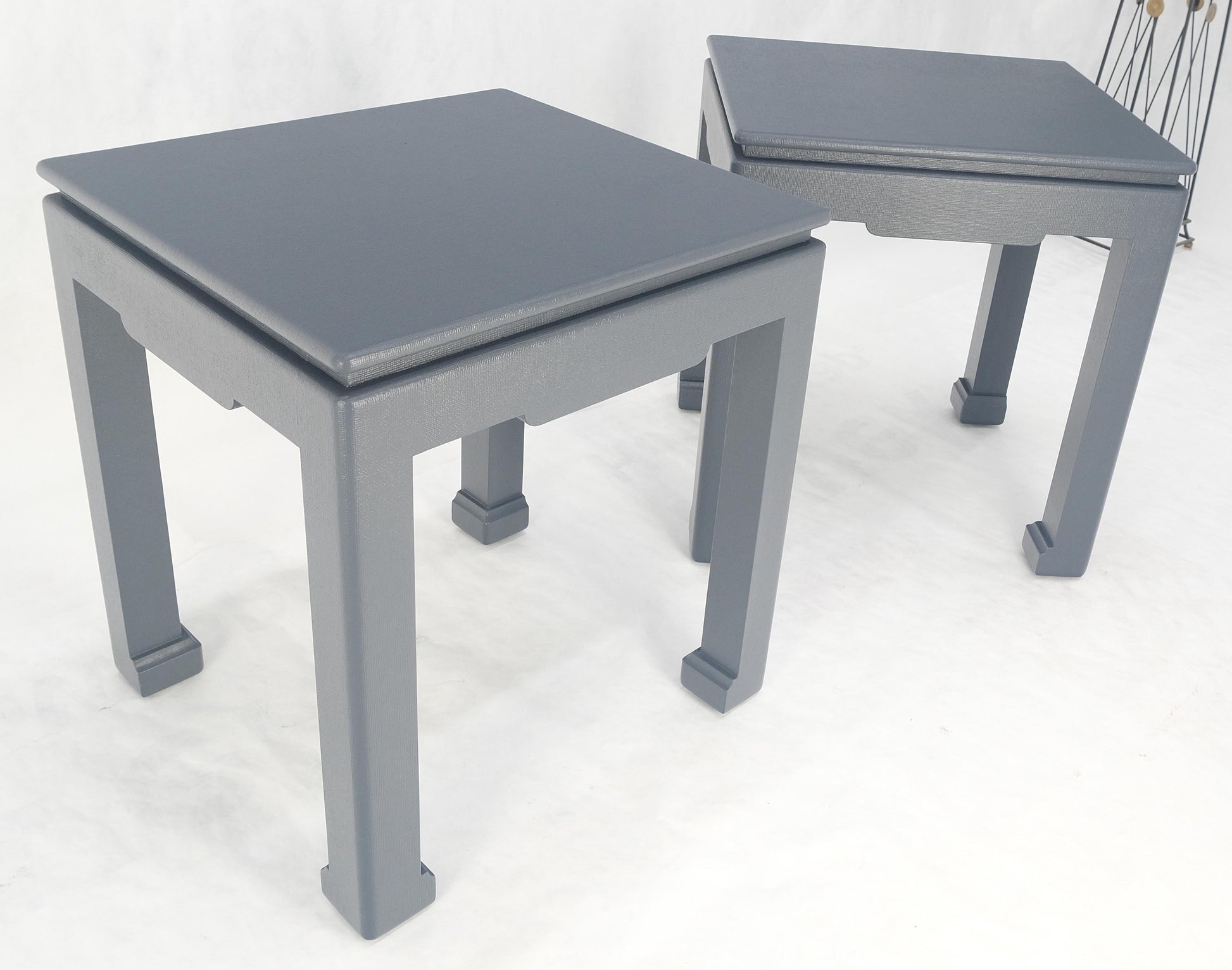 EstablishedLines Pair 28"H Lacquered Linen Cloth Light Grey Square End Side Occasional Tables